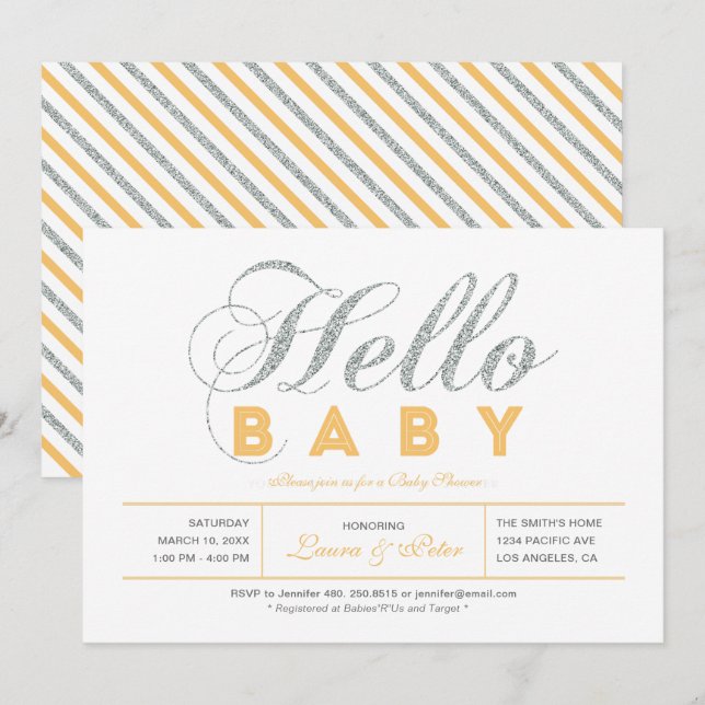 Invitación Plateado | Chica, Baby Shower de tipografía modern (Anverso / Reverso)