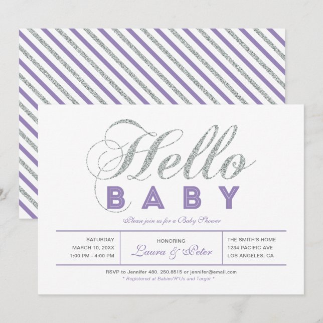 Invitación Plateado | Chica, Baby Shower de tipografía modern (Anverso / Reverso)