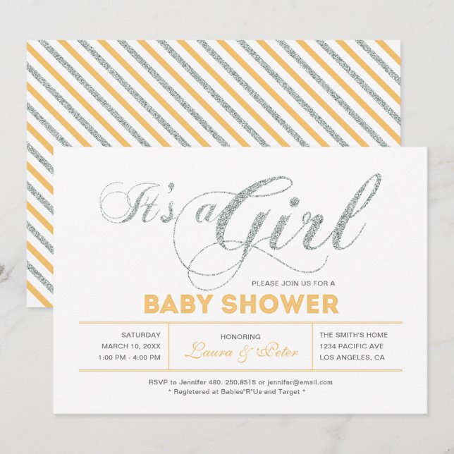 Invitación Plateado | Chica, Baby Shower de tipografía modern (Anverso / Reverso)