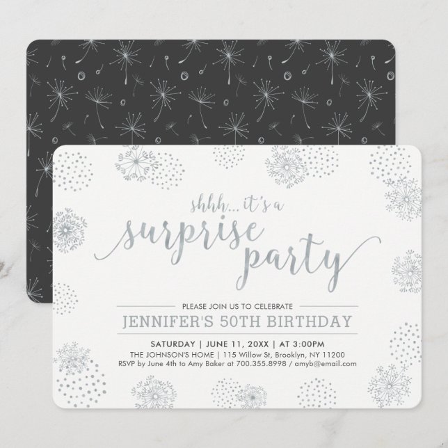 Invitación Plateado | Modern Surprise 50th Birthday Party (Anverso / Reverso)