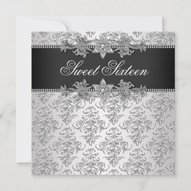 Invitación Plateado Negro Damasco Negro Blanco Cumpleaños Dul (Anverso)