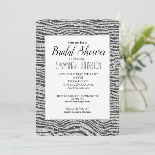 Invitación Plateado Negro Glitzy Estampado de Cebra Brillo