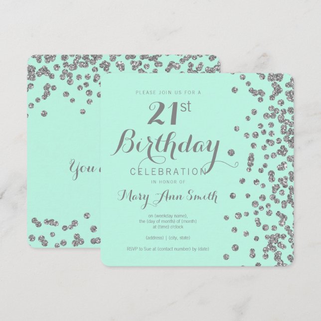 Invitación Platee la falsa menta del confeti del purpurina (Anverso / Reverso)