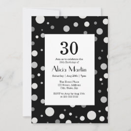 Invitación Platino Gris Platino Polka Dot Negro 30 Cumpleaños