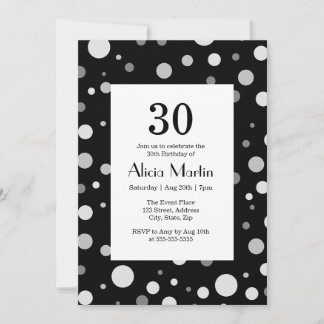 Invitación Platino Gris Platino Polka Dot Negro 30 Cumpleaños