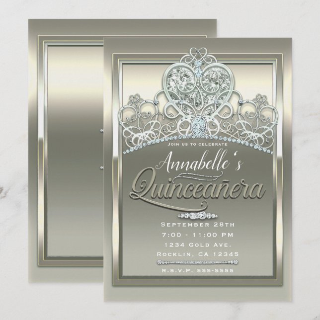 Invitación Platinum Ivory Princess Heart Tiara Quinceañera (Anverso / Reverso)