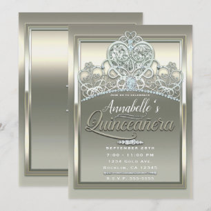 Invitación Platinum Ivory Princess Heart Tiara Quinceañera