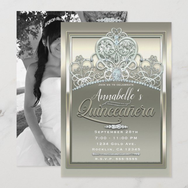Invitación Platinum Ivory Princess Heart Tiara Quinceañera (Anverso / Reverso)
