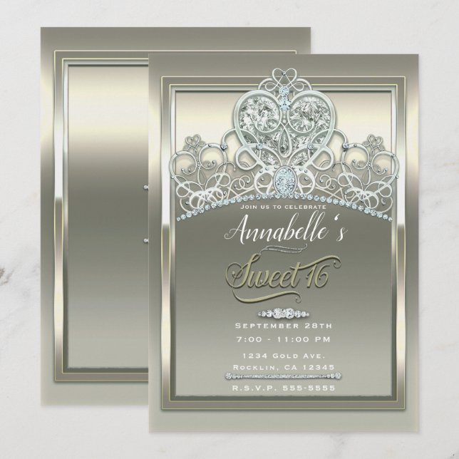 Invitación Platinum Ivory Princess Heart Tiara Sweet 16 Fiest (Anverso / Reverso)