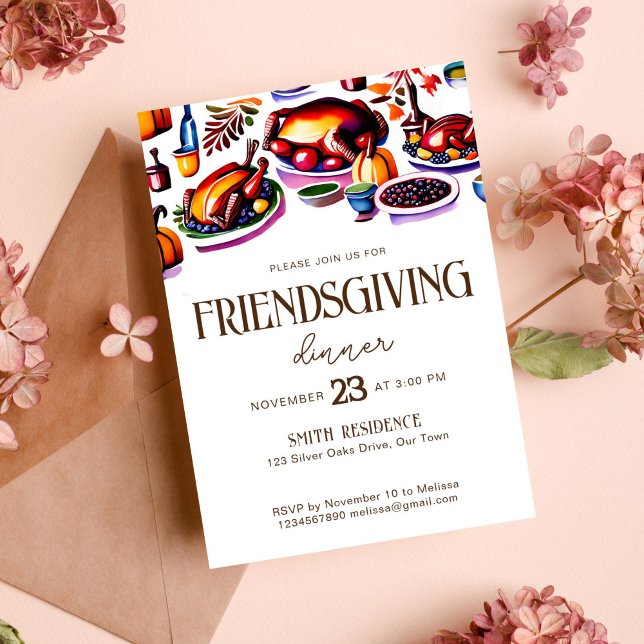 Invitación Platos servidos en la mesa del día de Acción de Gr (Friendsgiving thanksgiving dinner party template invitation modern turkey meals art retro )