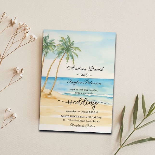 Invitación Playa acuarela y palmeras elegante matrimonio (Subido por el creador)