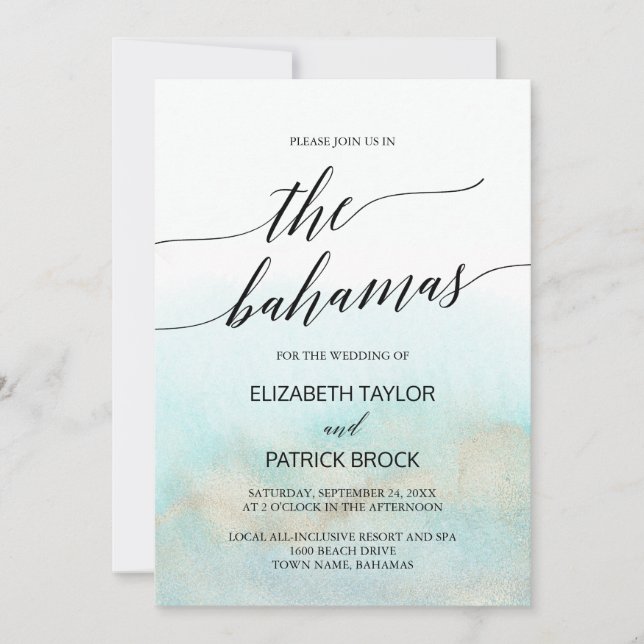 Invitación Playa acuática y dorada acuarela Las Bahamas Boda (Anverso)
