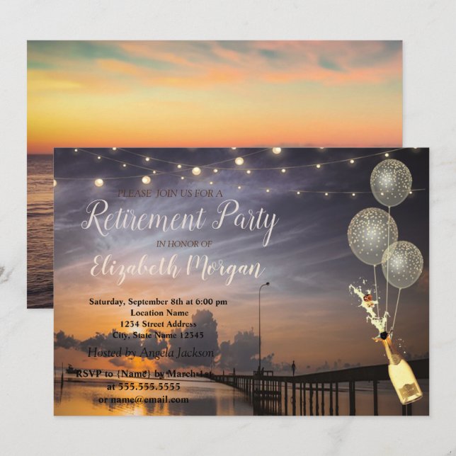 Invitación Playa, atardecer, globos, Fiesta de Jubilación de  (Anverso / Reverso)