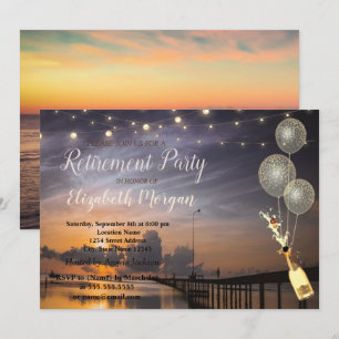 Invitación Playa,Atardecer,Globos,Vino Fiesta de Jubilación