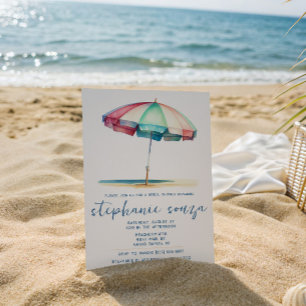 Invitación Playa, Azul, Rojo, Paraguas Teal, Despedida de Sol