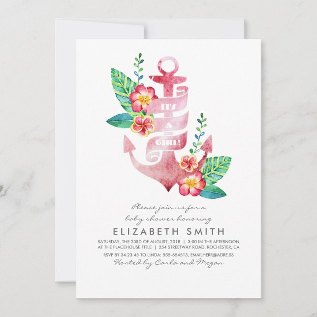 Invitación Playa Baby Shower tropical náutico del ancla (Anverso)