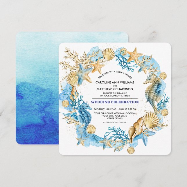 Invitación Playa | Boda de acuarela costera (Anverso / Reverso)