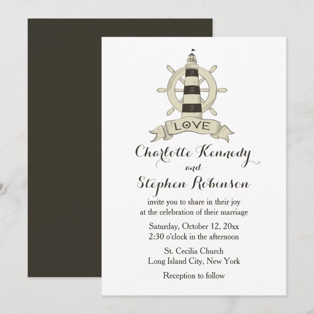 Invitación Playa Boda de la llanta de faro náutico marrón (Anverso / Reverso)
