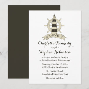 Invitación Playa Boda de la llanta de faro náutico marrón