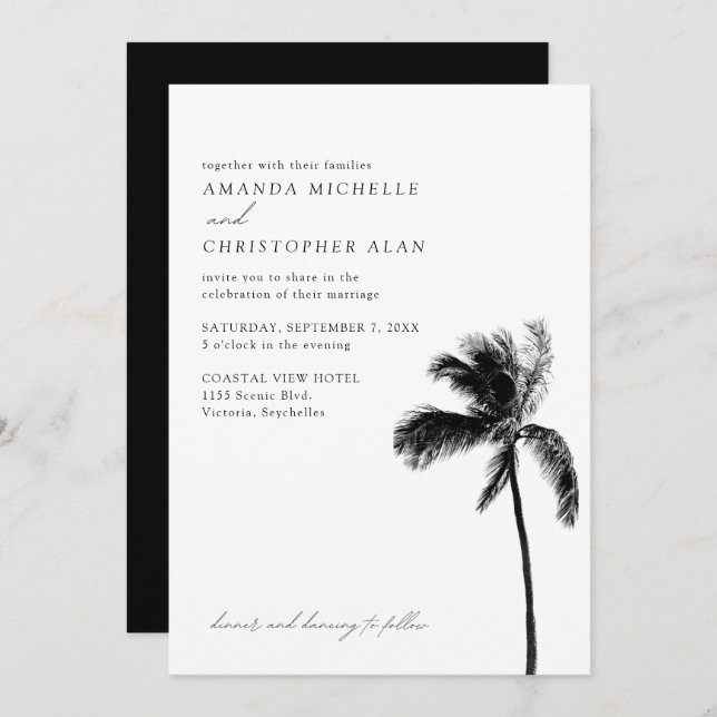 Invitación Playa Boda de las Seychelles Negro y Blanco Elegan (Anverso / Reverso)
