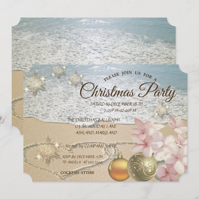 Invitación Playa, Bolas de Navidad, Fiesta Corporativa de Plu (Anverso / Reverso)