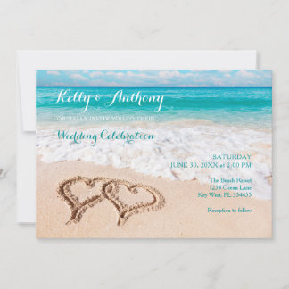 Invitación Playa con corazones en el Boda de arena