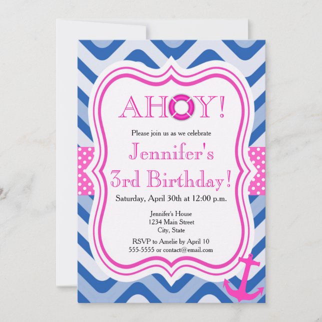 Invitación Playa costera chica rosa náutico feliz cumpleaños (Anverso)