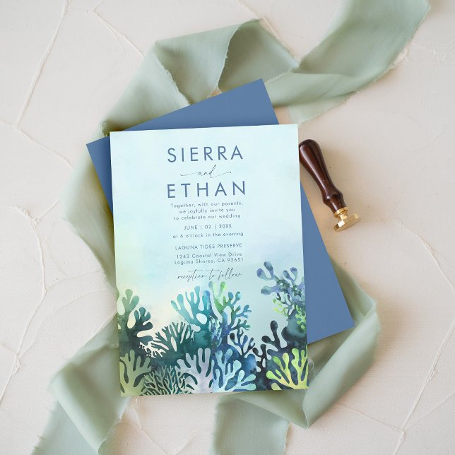 Invitación Playa Costera Océano Corales Azules Boda moderno (coastal wedding invitation ocean sea beach tropical coral blue teal green navy elegant modern chic)