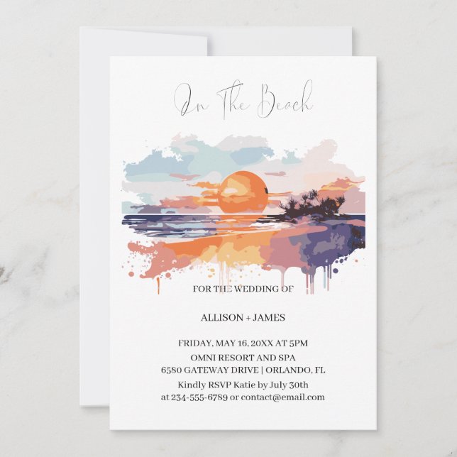 Invitación Playa De Acuarela En La Boda De La Playa (Anverso)