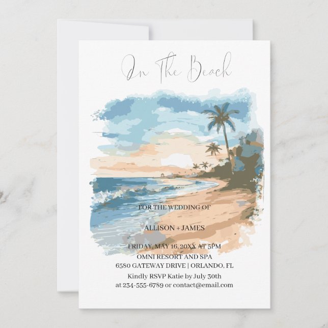 Invitación Playa De Acuarela En La Boda De La Playa (Anverso)