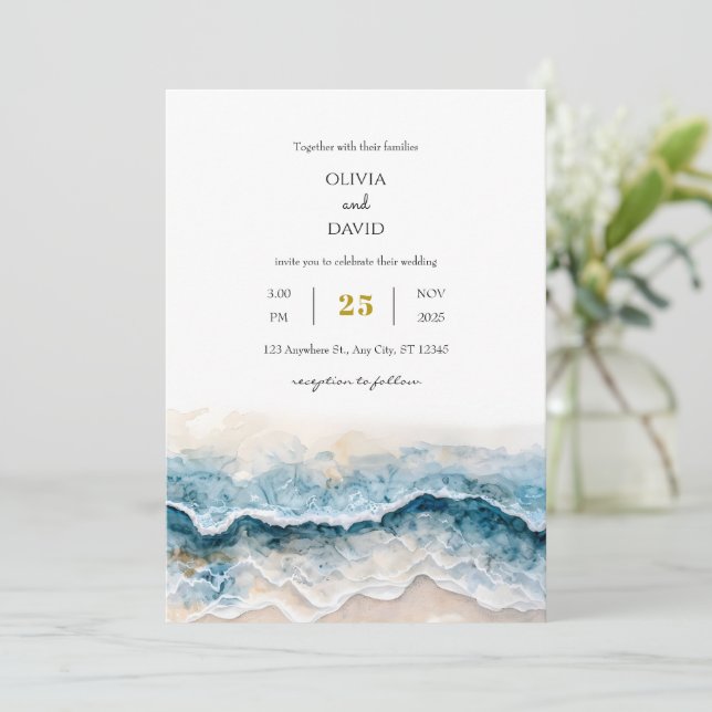 Invitación Playa de arena suave Olas azules Boda de arte acuá (Anverso de pie)