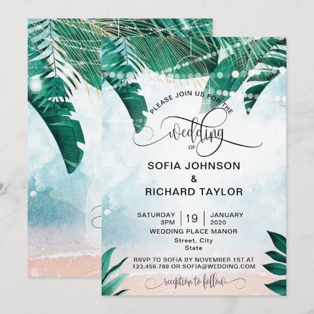 Invitación Playa de la isla de destino boda (Anverso / Reverso)