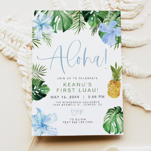 Invitación Playa de LALANI Azul Hibiscus Luau Hula Primer Cum