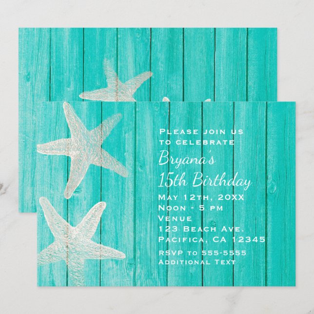 Invitación Playa de Madera verde azulada y Starfish Elegante  (Anverso / Reverso)
