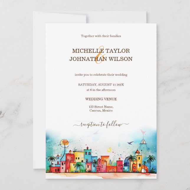 Invitación Playa de México de la boda de destino moderna (Anverso)