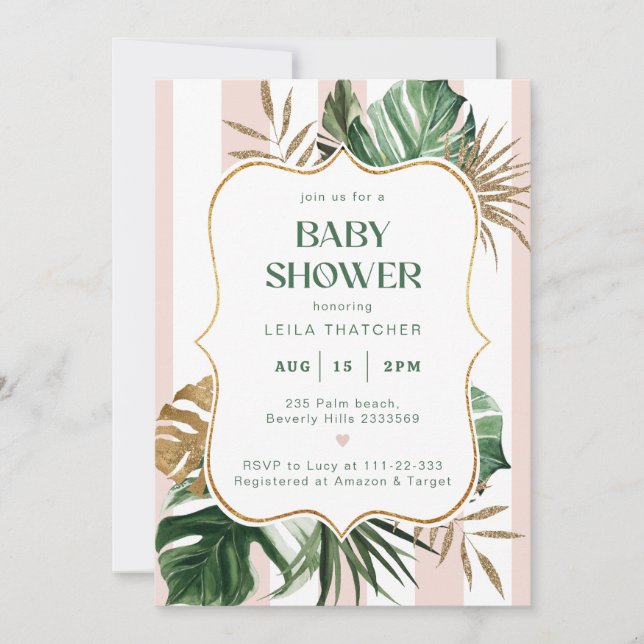 Invitación Playa de palma de rayas rosas retro Baby Shower (Anverso)