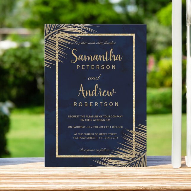 Invitación Playa de palmera dorada tropical boda azul marino  (Tropical gold palm tree beach navy blue wedding 2 invitation)