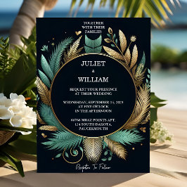 Invitación Playa De Palmeras De Tono Verde Y Boda De Oro