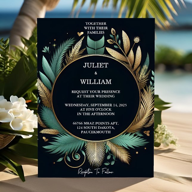 Invitación Playa De Palmeras De Tono Verde Y Boda De Oro (Subido por el creador)
