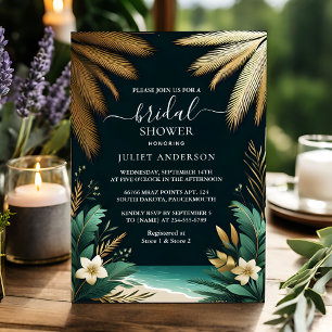 Invitación Playa De Palmeras, Ducha Verde Y Dorada De Novias