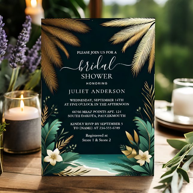 Invitación Playa De Palmeras, Ducha Verde Y Dorada De Novias (Subido por el creador)