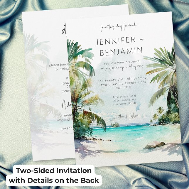 Invitación Playa de Palmeras Tropicales Boda Moderna Dos Lado (Tropical Palm Trees Beach Modern Wedding Two Sided Invitation)