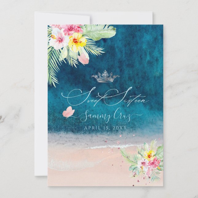 Invitación Playa de PixDezines Dulce Dieciséis Mar Azul Profu (Anverso)
