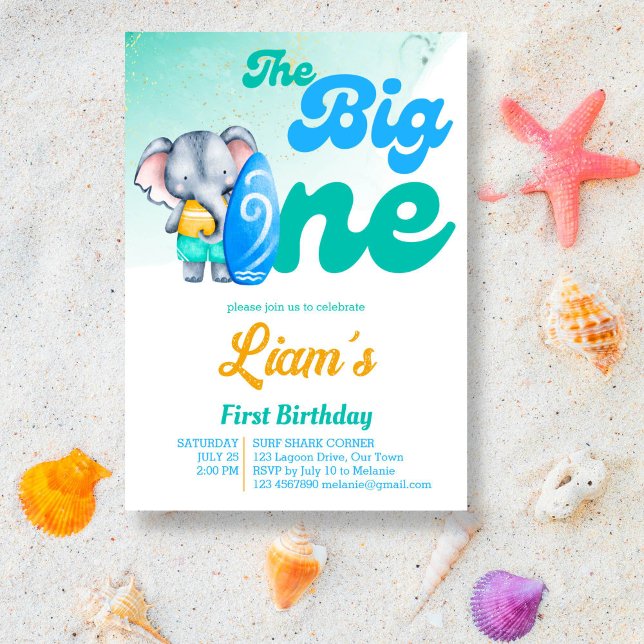 Invitación Playa de surf océano tropical verano cumpleaños (The big one retro surfing cute baby elephant first birthday invitation template)