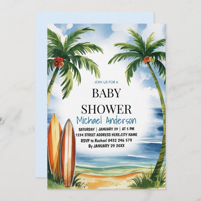 Invitación Playa de veraneo tropical de moda Baby Shower (Anverso / Reverso)