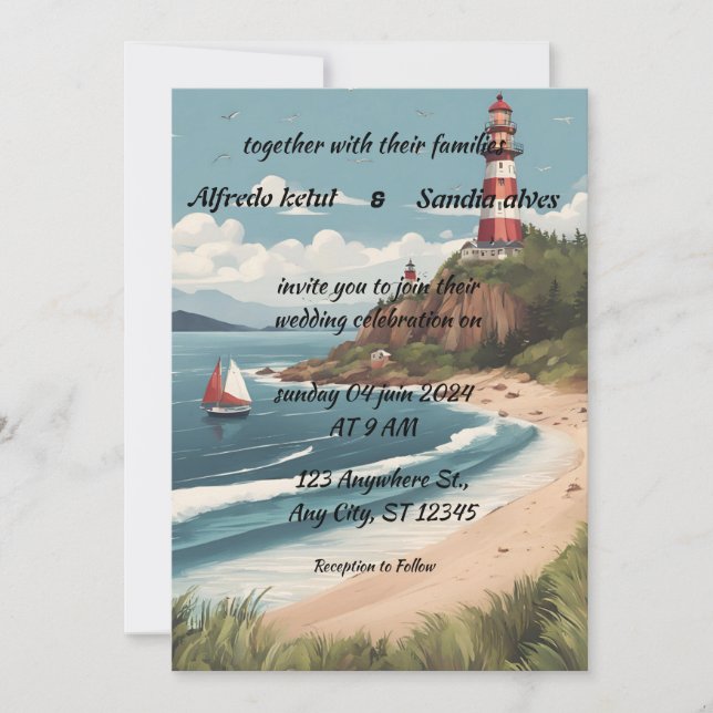 Invitación playa de verano Faro acuático boda Invitat (Anverso)