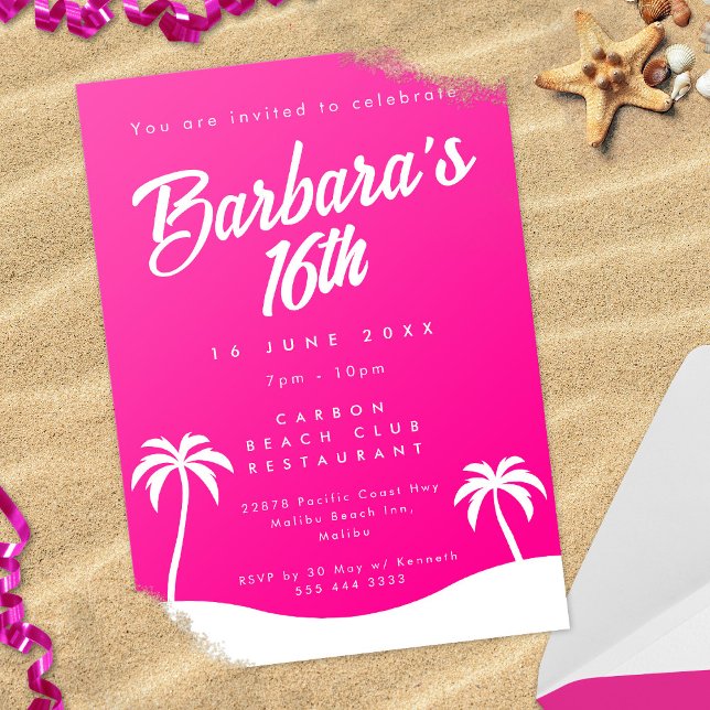 Invitación Playa de Verano Girly Caliente Rosa Dulce 16 (In Situ)