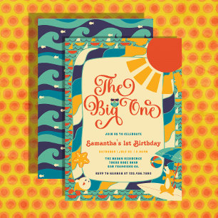Invitación Playa de Verano Retro Género Neutral Primer Cumple