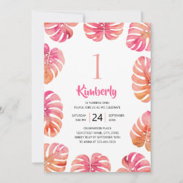 Invitación Playa de verano rosa, Fiesta tropical de 1 cumplea