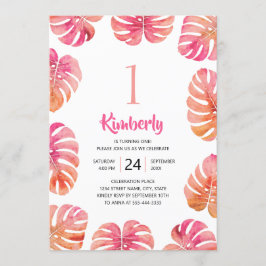Invitación Playa de verano rosa, Fiesta tropical de 1 cumplea
